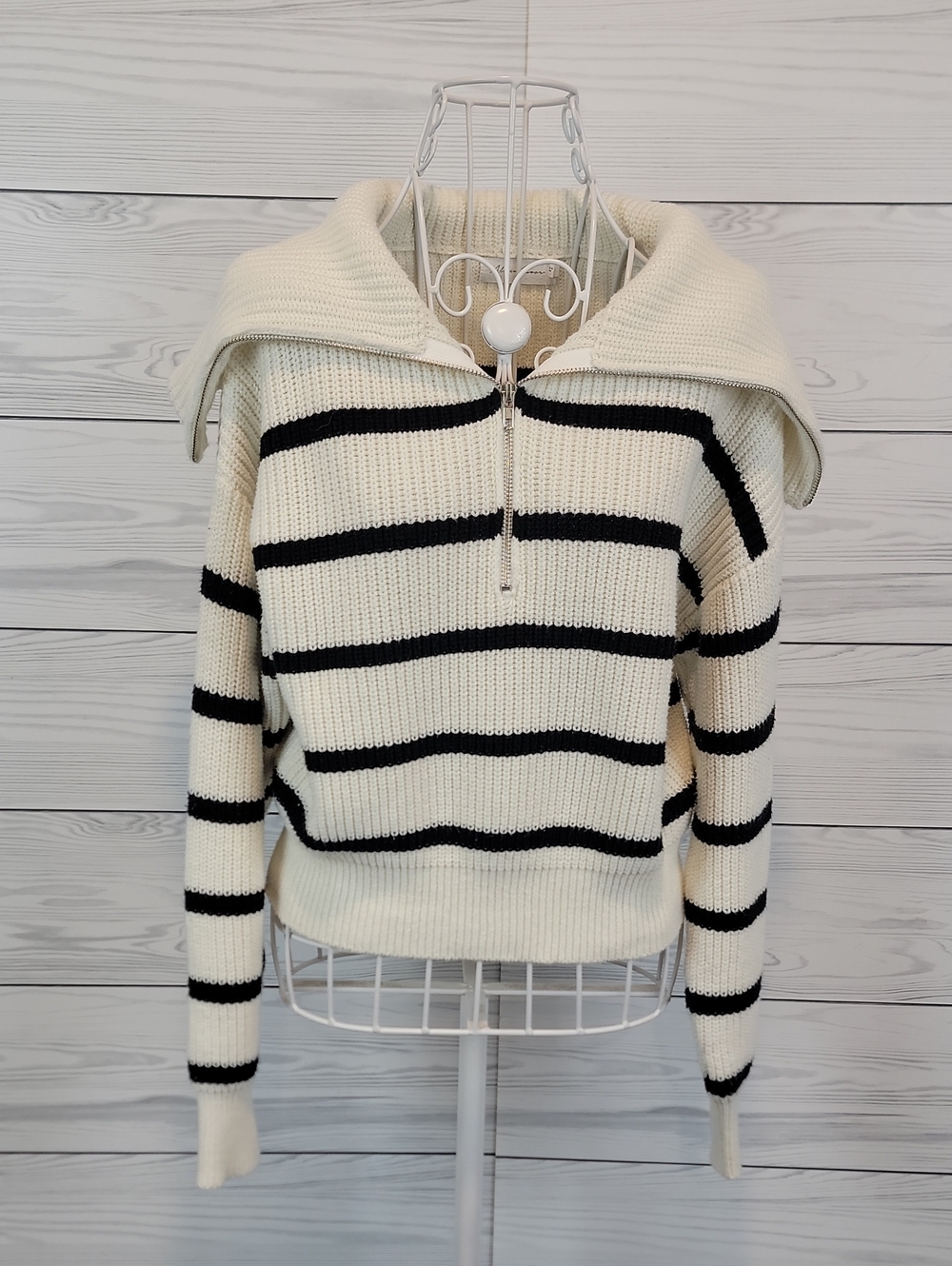 All In Favor Cream and Black Striped Women's Zip-Front Sweater Size XS